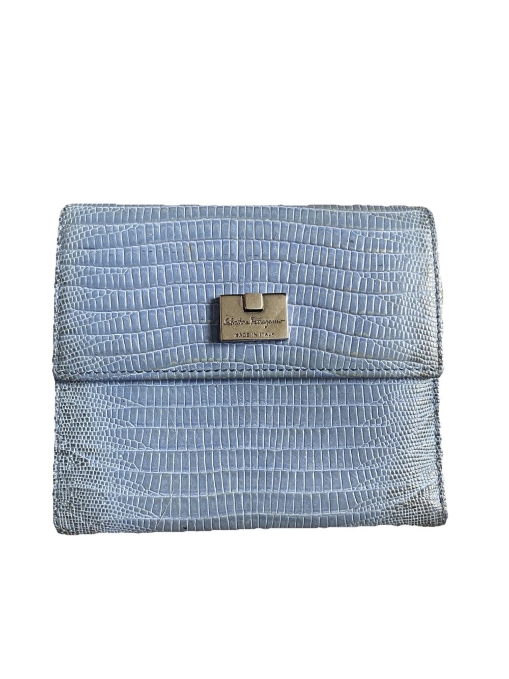 Vintage Salvatore Ferragamo Wallet Blue Lizard Embossed Leather Coin Purse Italy